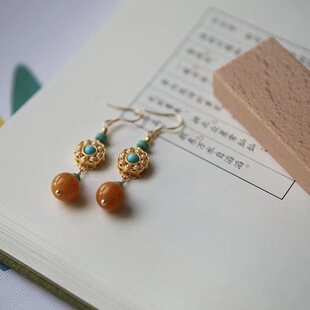 镀金仿珍珠复古耳饰黄耳环汉服古典汉服搭配饰品镂空耳坠