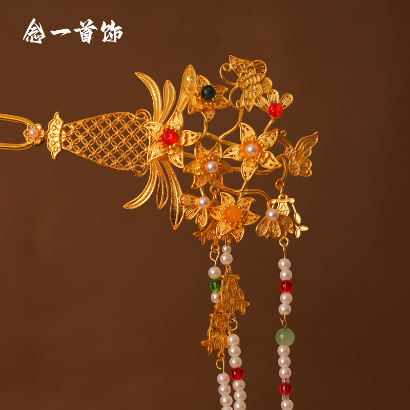 镀金十二花神水仙花花丝镶嵌金簪汉服流苏步摇古代博物馆发簪步摇