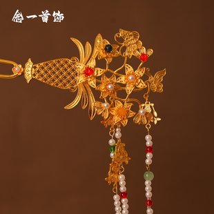 镀金十二花神水仙花花丝镶嵌金簪汉服流苏步摇古代博物馆发簪步摇