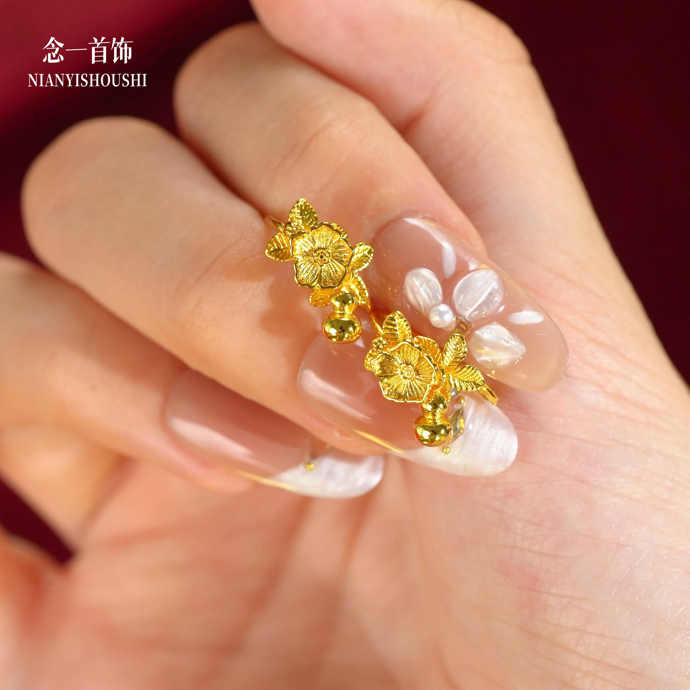 福禄生花古法铜镀金耳饰女仿真黄金耳环葫芦耳钉耳坠新中式精致