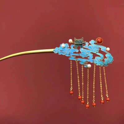 铜镀金云顶天宫系列发簪烧蓝花丝点翠工艺嵌宝古风汉服小众流苏
