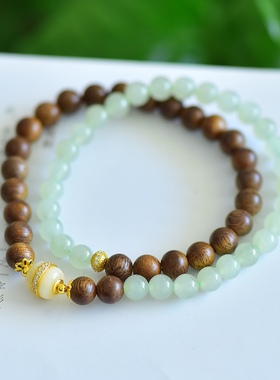 6mm高冰白玉檀木双圈手链手串手链女款玉石手饰玉坠挂件