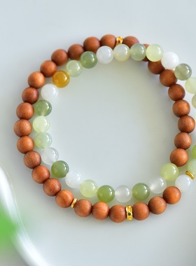 天然和田玉6mm老山檀木沉香晴水多宝双圈手串渐变手链女款玉石