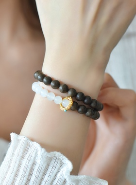 天然和田玉6mm晴白玉檀木双圈手链手串女款玉石手串手饰玉坠挂件