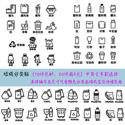 垃圾分类贴纸家庭用品提示可回收垃圾袋纸玻璃电池灯泡塑料收纳贴