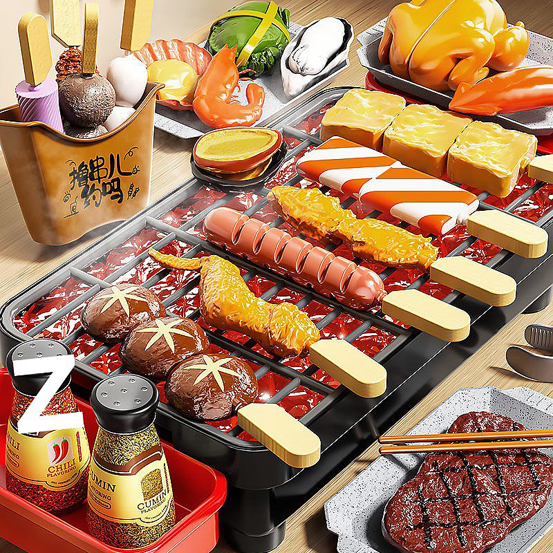 儿童过家家仿真喷雾厨房迷你串烧烤架BBQ玩具关东煮饭宝宝做饭套