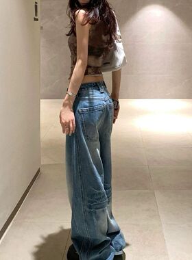 SUNONEOEN 立体边复古水洗牛仔裤女秋季美式阔腿低腰宽松休闲长裤