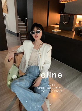 DQ+蓝色亮片牛仔裤2024春夏新款减龄高腰显瘦中长款直筒阔腿长裤