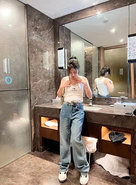 上货店2023春夏新款浅蓝色修身高腰直筒牛仔裤女紧身显腿瘦长裤子