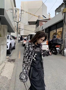 DQ+买手店设计师松驰慵懒风爵士嘻哈舞穿搭蕾丝格纹毁坏衬衫新款