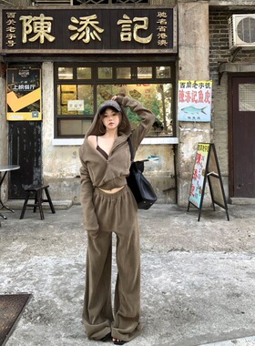 DQ+美式复古辣妹风连帽卫衣外套女秋冬新款宽松休闲保暖运动套装