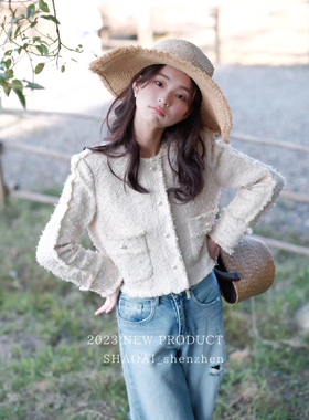 上货店精致藕白色复古百搭小香风外套粗花呢编织气质流苏短款上衣