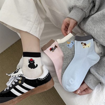 春夏薄款ab款韩版小狗短筒卡通袜子低帮棉袜中筒袜拼色腊肠狗袜子