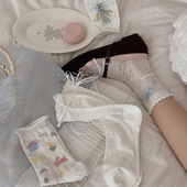 日系可爱蝴蝶结袜子女中筒袜夏季 ins潮百搭学院风网眼堆堆袜 薄款