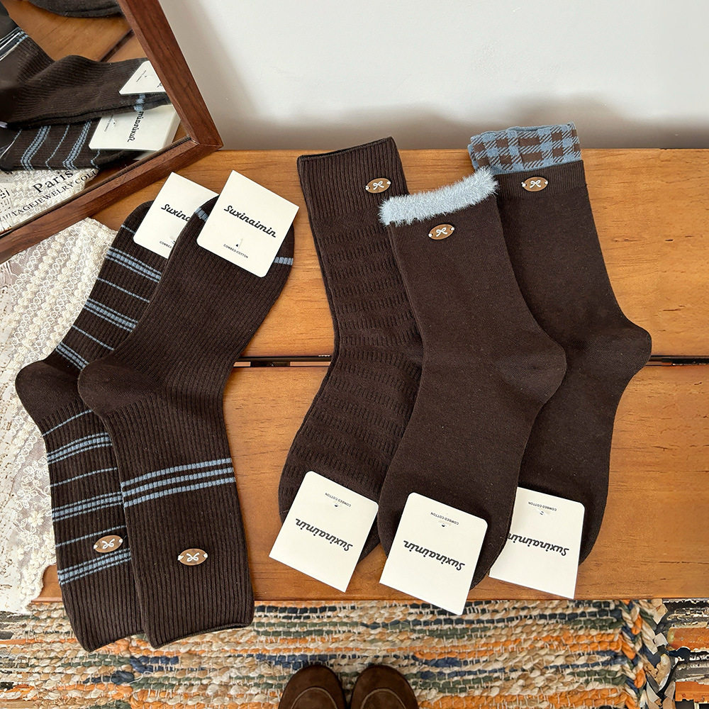 suxinaimin秋冬新款韩系蝴蝶结扣子中筒袜学院风条纹蓝咖系堆堆,女士内衣/男士内衣/家居服,短袜,淘宝优惠券,粉丝福利购,淘宝优惠卷