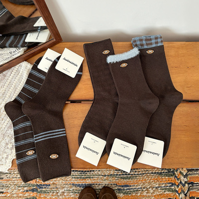 suxinaimin秋冬新款韩系蝴蝶结扣子中筒袜学院风条纹蓝咖系堆堆