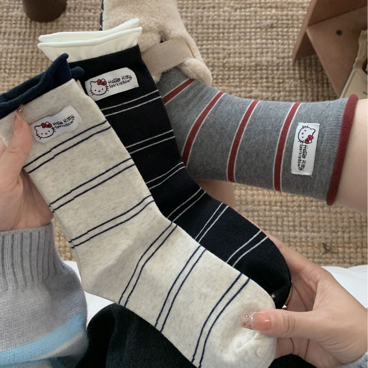 ins日系无骨可爱jk布标小猫袜子女春秋条纹学院风堆堆袜