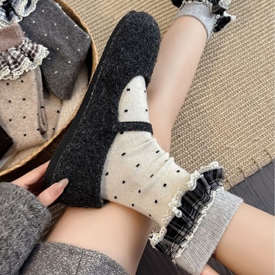 秋冬miu系羊毛女袜韩系波点堆堆格子花边袜芭蕾风甜美中筒袜保暖
