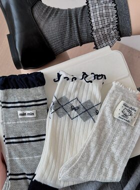 袜子女春夏季吸汗透气花边中筒袜花边泡泡口布标ins风无骨堆堆袜