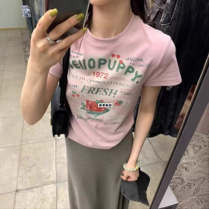十三行小众！2026春款复古美式卡通字母正肩显瘦修身短袖体恤女