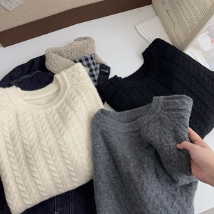 女时尚 小麻花圆领长袖 针织衫 复古秋冬新款 套头百搭上衣潮 毛衣法式