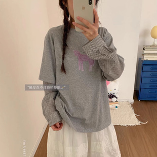 甜系画报。假两件小马格子T恤女士新款设计感慵懒松弛韩范儿上衣