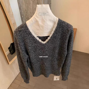 女 灰色蕾丝v领拼接内搭套头针织衫 ANNIE早春品质高货 2026春款