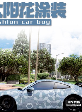 适用于保时捷911全车膜718村上隆灰色太阳花汽车彩绘涂装个性定制