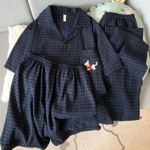 日系卡通藍黑格子刺繡臘腸狗情侶睡衣男女春夏短袖 云朵純棉三件套