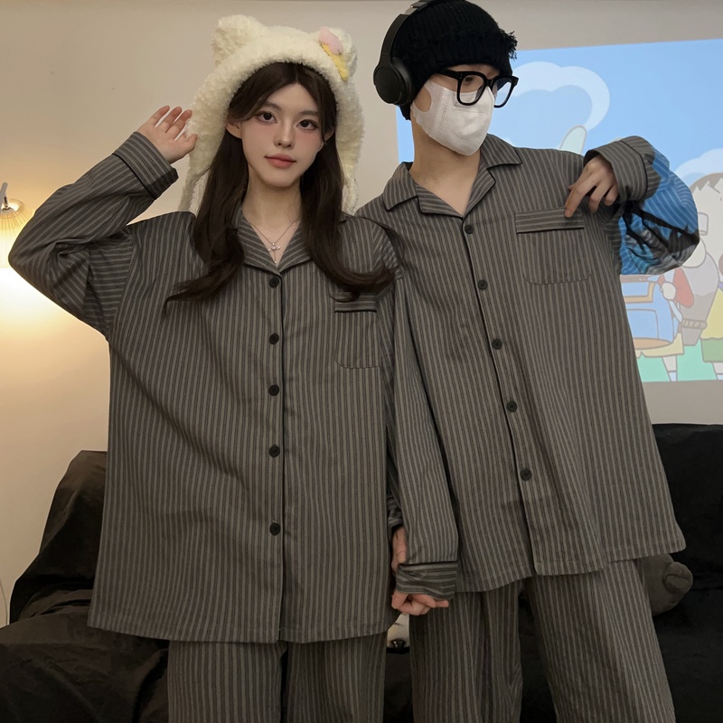 情侣睡衣简约春秋长袖纯棉家居服