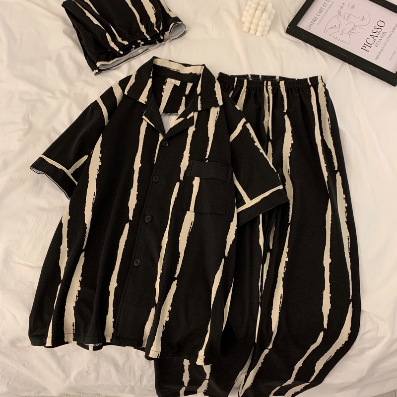 情侣睡衣条纹夏季短袖纯棉家居服