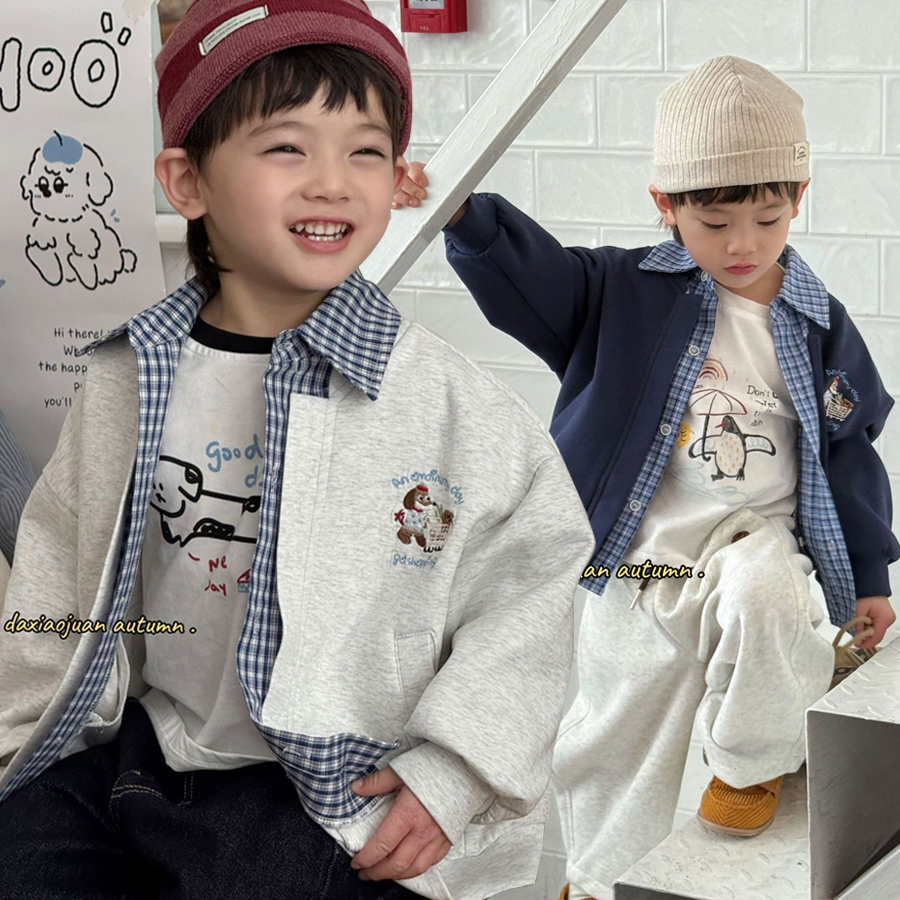 秋季男童韩系百搭格子假两件外套