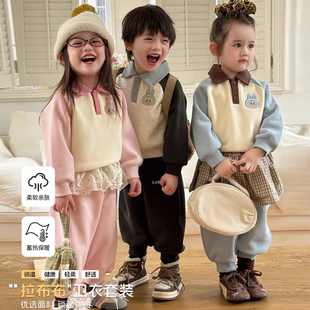 大小卷 儿童冬季加绒韩版拼色labubu运动休闲男女童装休闲套装
