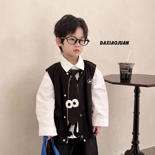 大小卷2025春秋白色衬衫男童男宝宝领带帅气内搭韩系潮流马甲