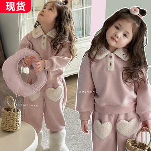 宝宝春装女童加厚一体绒卡通凯蒂猫卫衣卫裤套装保暖休闲