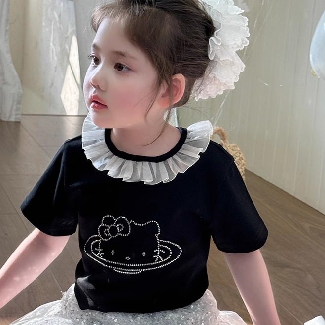 2025夏女童宝宝T恤衫短袖儿童黑色猫咪花边领子韩国上衣可爱薄款