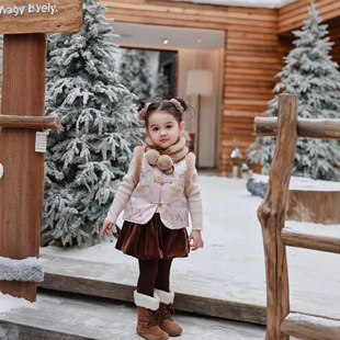 大小卷【林深见鹿】儿童冬季新款年服女童中国风复古马甲短裙套装