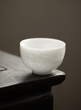 冰种玉瓷浮雕主人杯单杯茶杯功夫茶具高档白瓷品茗杯