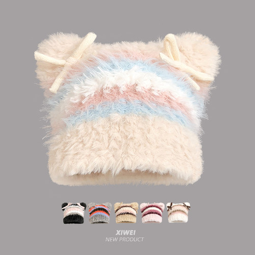 蝴蝶结猫耳针织帽显脸小套头帽