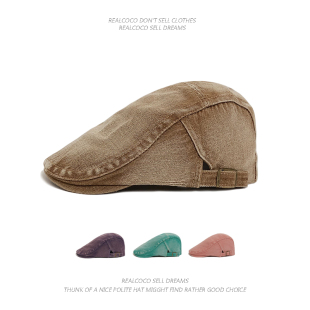 日系复古水洗牛仔前进帽男街头风画家帽纯色贝雷帽英伦文艺反戴帽