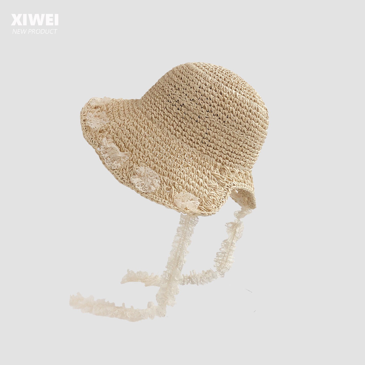 夏季手工蕾丝花边草编渔夫帽出游海边度假绑带草帽可折叠沙滩盆帽