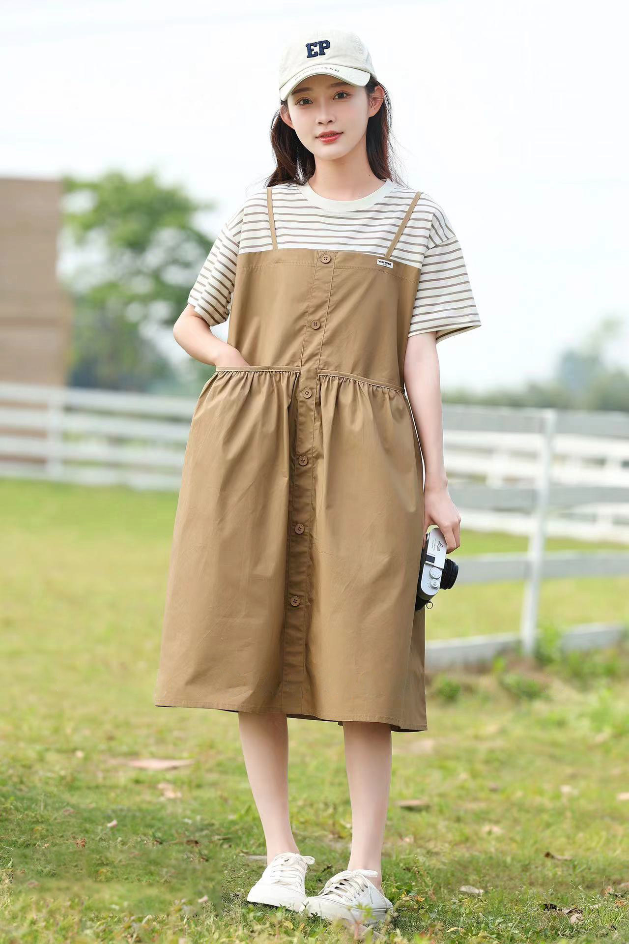 初高中大少女童夏装条纹薄牛仔学院风新款韩版时尚假两件连衣裙子