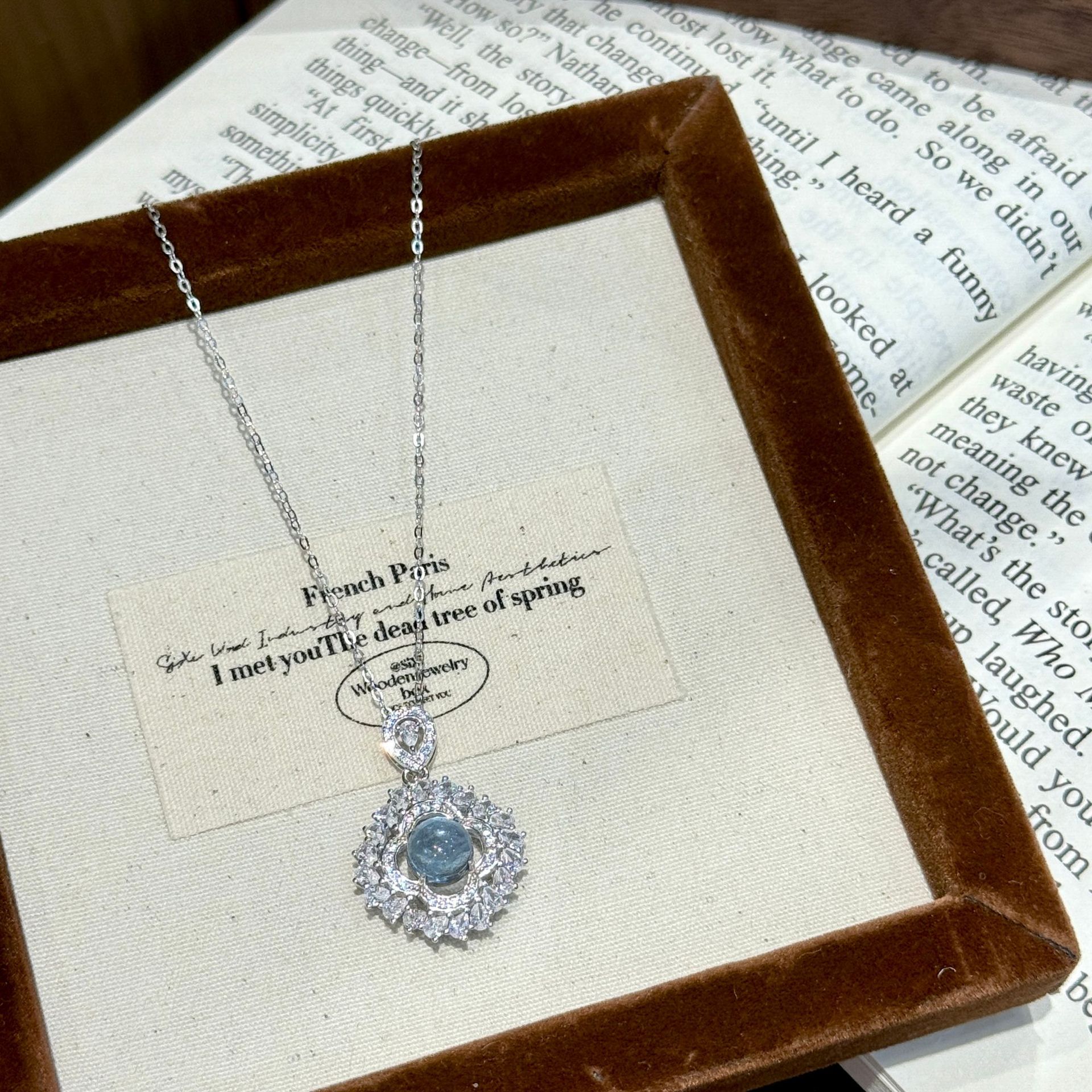 s925纯银天然海蓝宝满钻花朵项链轻奢高级感锁骨链女水晶彩宝吊坠