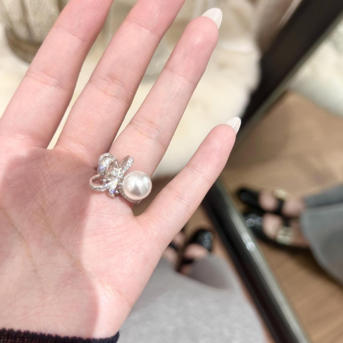 s925纯银星光蕾丝结戒指女轻奢小众高级感贵气施家珍珠蝴蝶结戒指