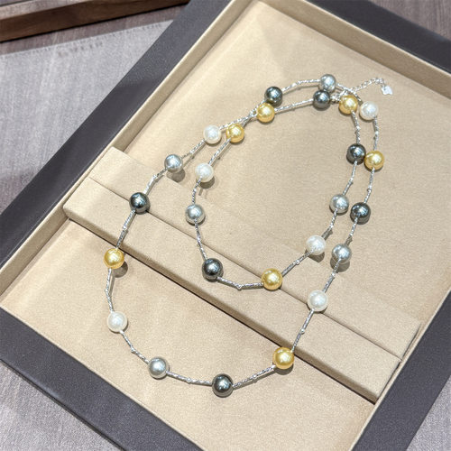 s925纯银混彩珍珠满天星项链女长款毛衣链轻奢高级感小众设计