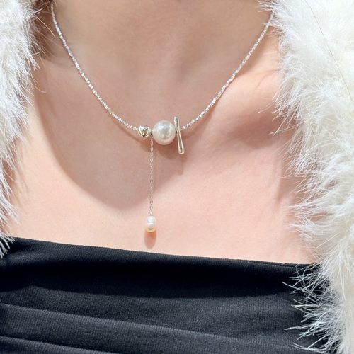 S925纯银重工棉花珠碎银子项链女小众设计流苏淡水珍珠毛衣链秋冬