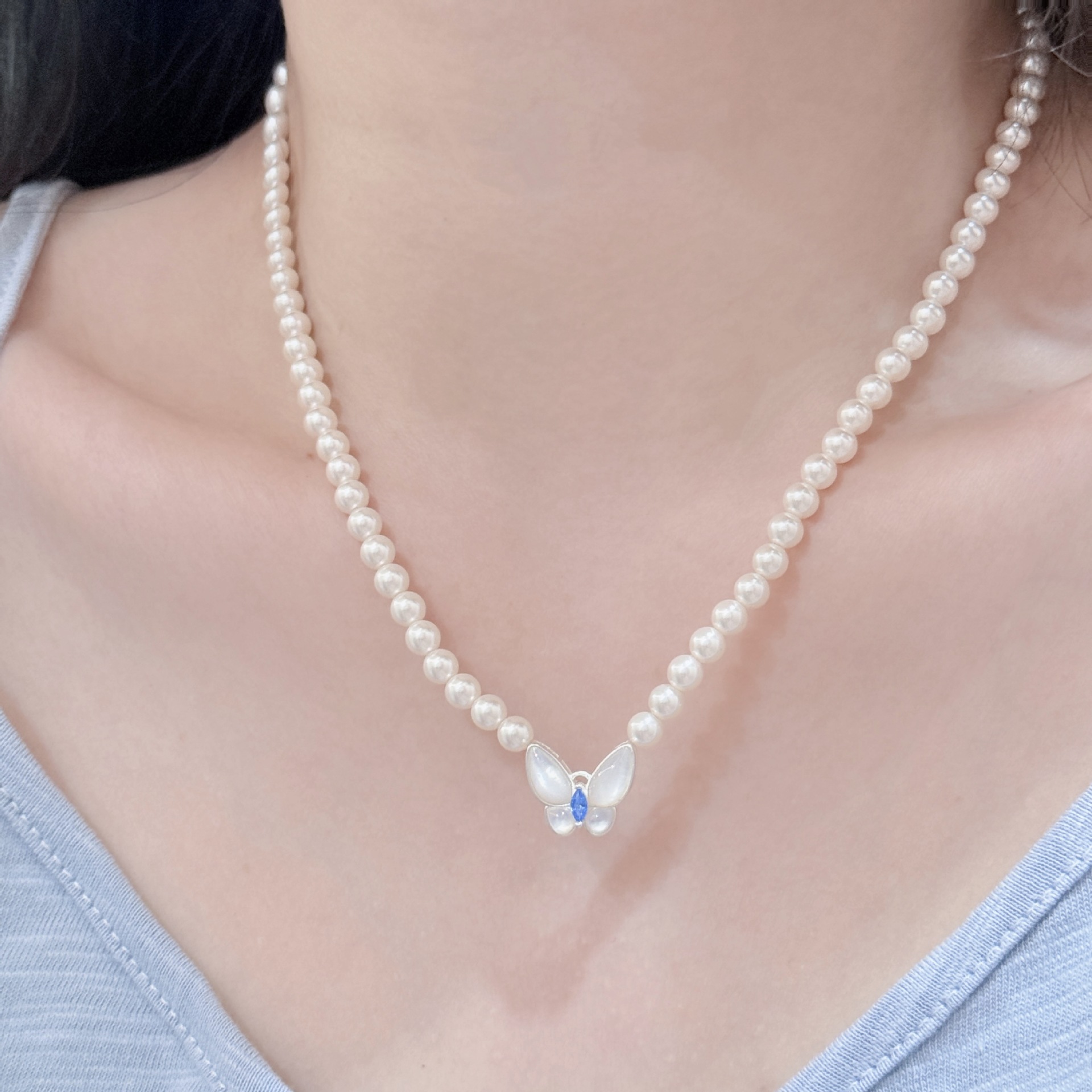 s925纯银天然白贝母蝴蝶项链女气质高级感小众设计施家珍珠颈链