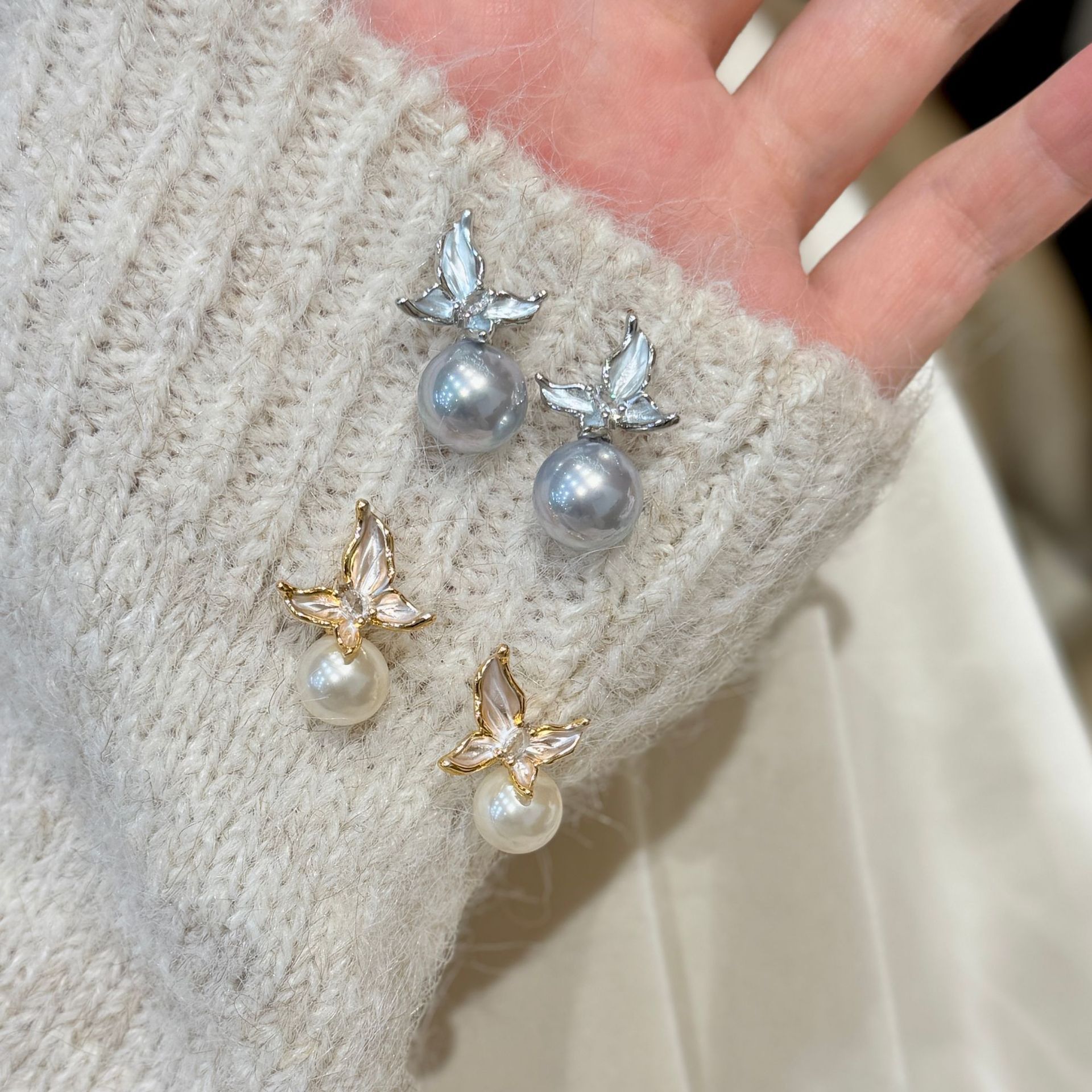 s925银针施家珍珠耳钉高级感珐琅蝴蝶耳环女小众设计清冷风耳饰