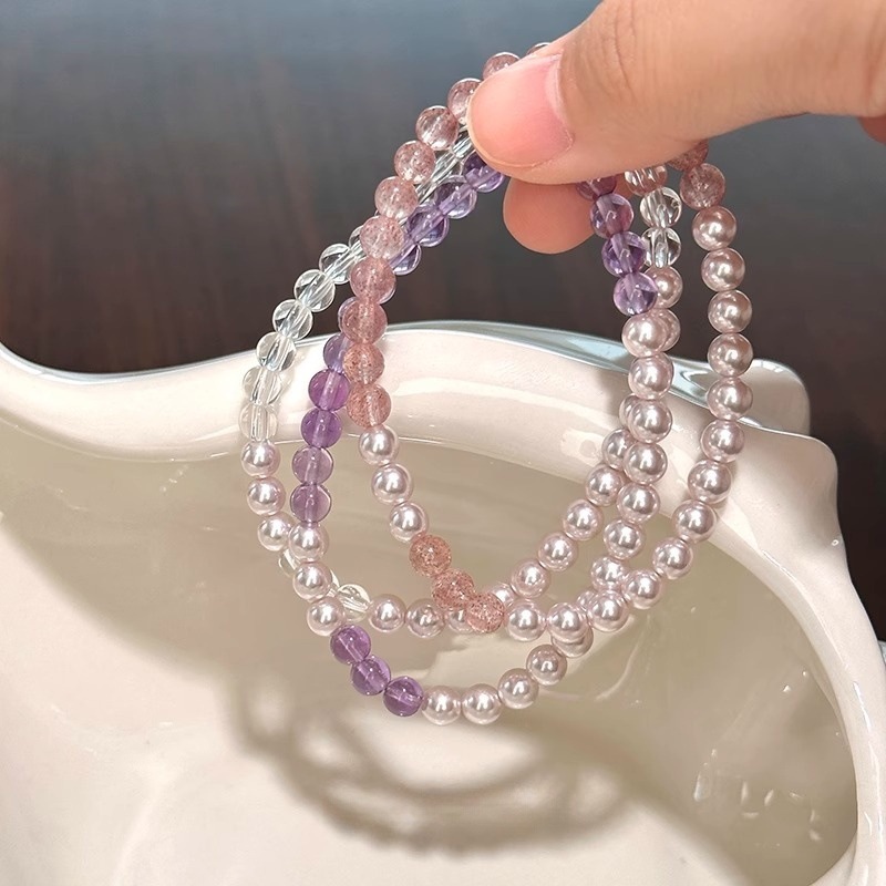 天然草莓晶曼塔玫瑰施家珍珠手串轻奢紫水晶手链女简约白水晶手饰