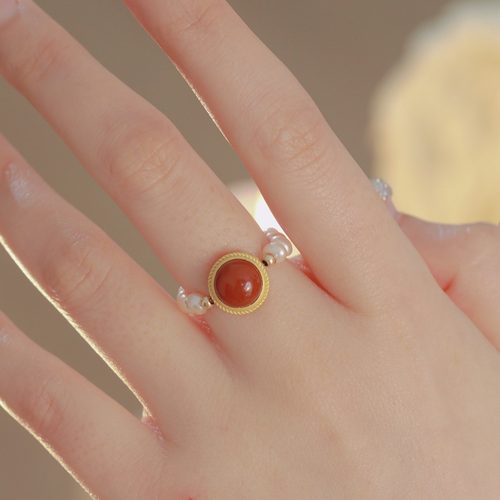 s925纯银天然淡水珍珠南红戒指女小众设计轻奢高级感百搭显白饰品